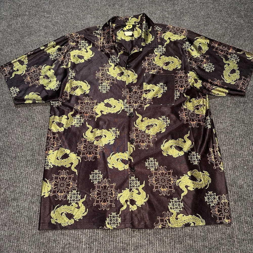 Vintage Y2K Street Savy Shirt Adult Size XL Black Green Dragon AOP Button Down‎